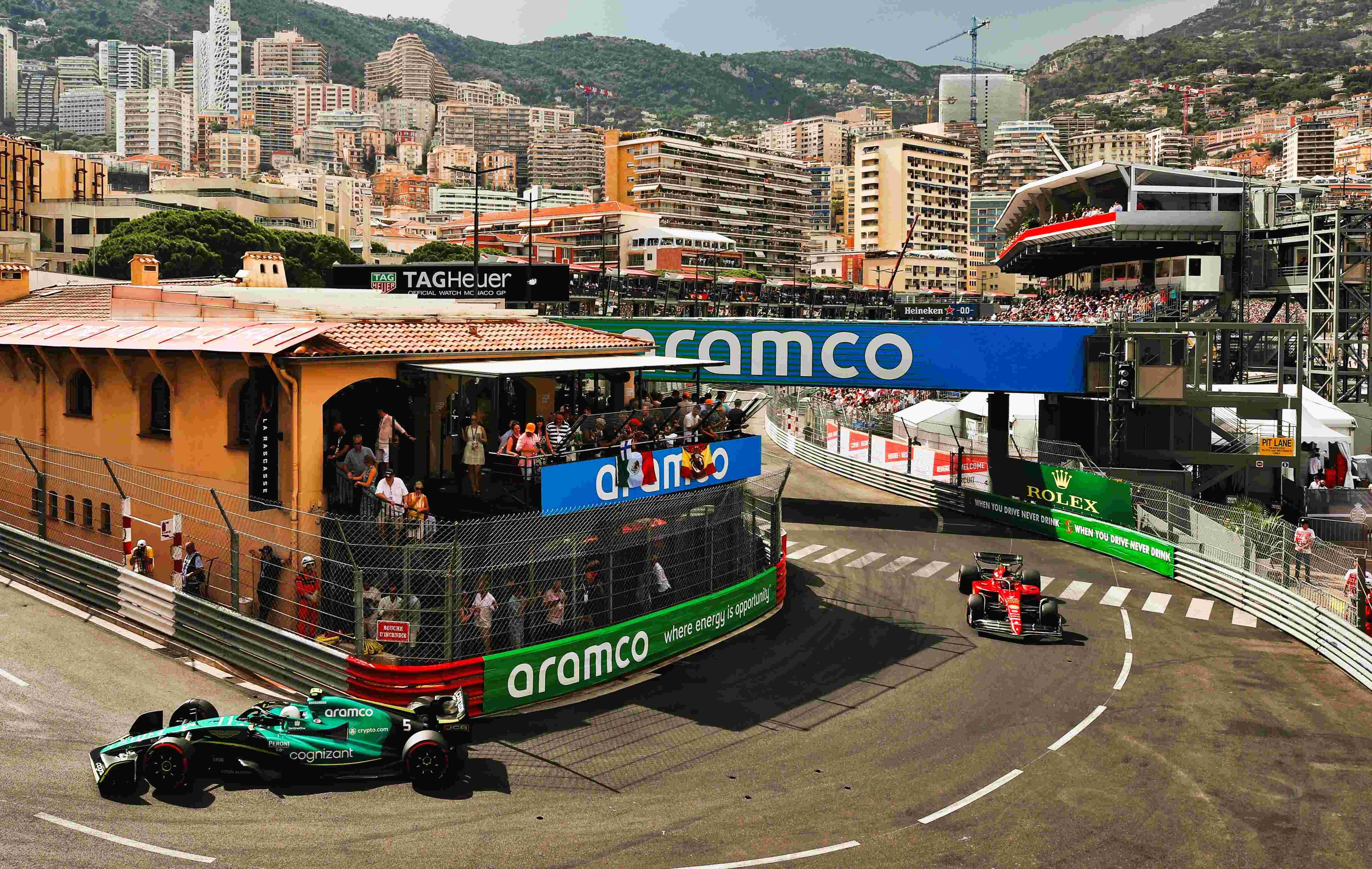 Close-up view of F1 cars rounding La Rascasse Corner